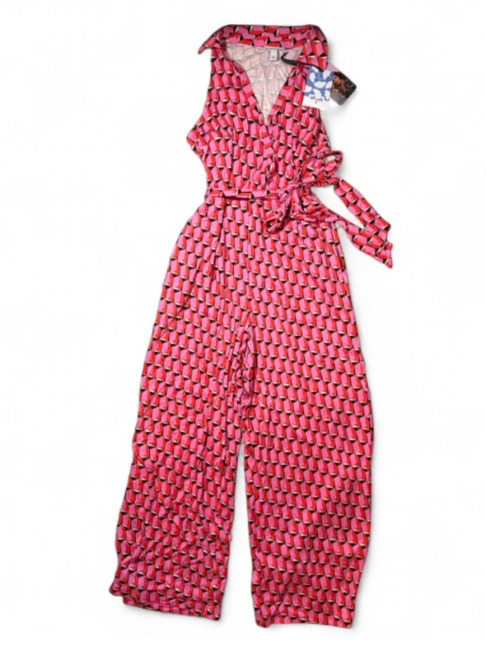NWT Diane Von Furstenberg Pink Geometric Wrap Wide Leg Jumpsuit XL - Picture 3 of 5